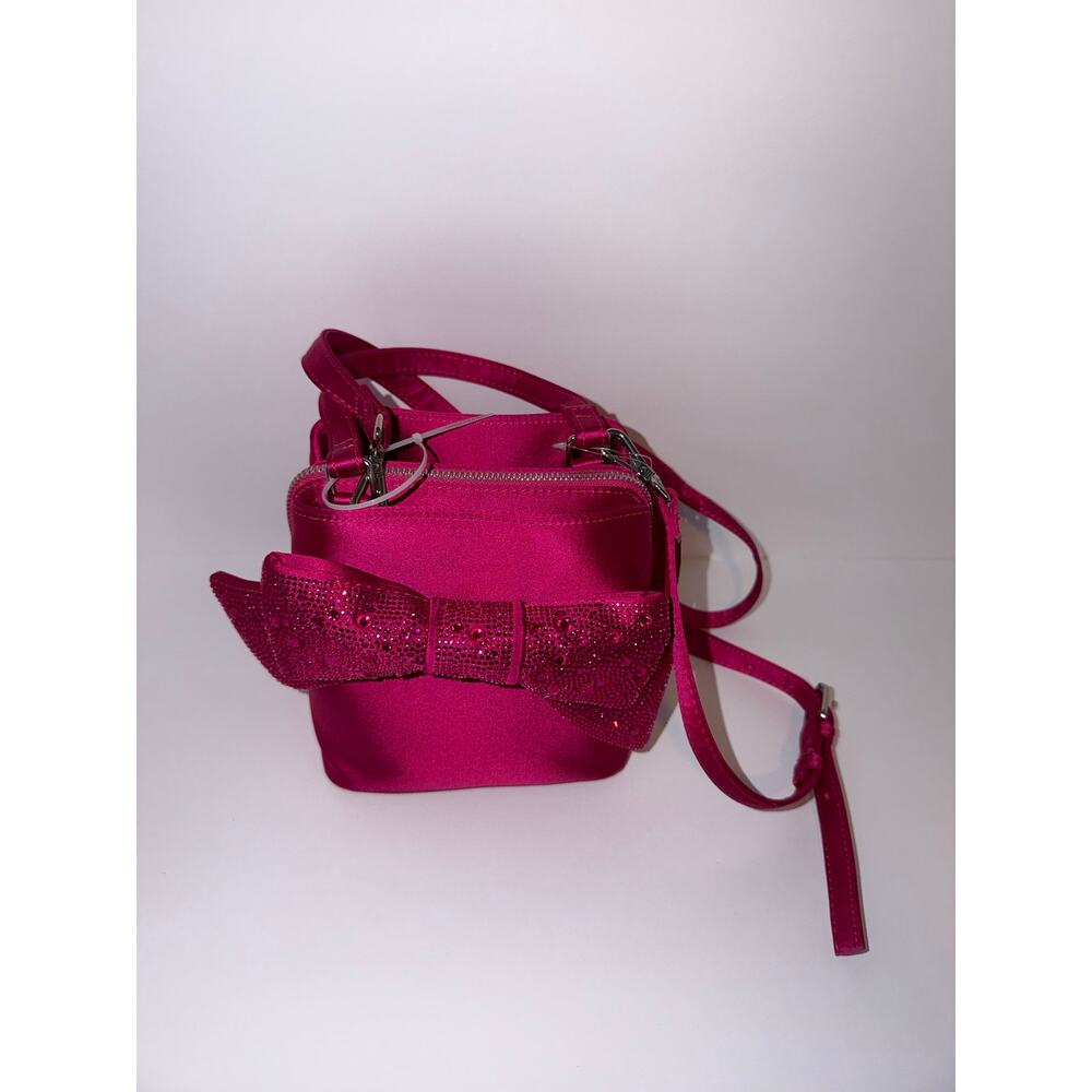 Betsey Johnson Rhinestone Bow Top Handle Fuchsia Satin Mini Bag Crossbody NWT